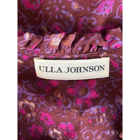 Ulla Johnson Blouse Size Medium Floral Print Tie Neck Ruffle Silk Magenta Pink - Picture 9 of 9